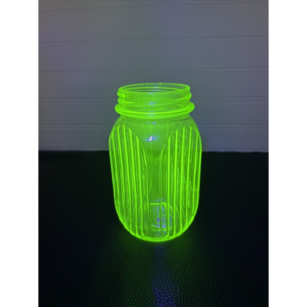 Vintage Hoosier Style Ribbed Green Uranium Glass 6.25" Jar  " NO LID"